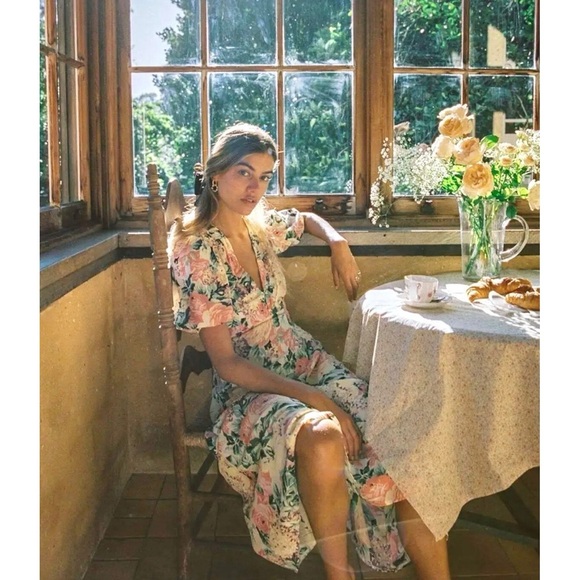 Faithfull the Brand Marie Louise Midi Dress Medium Vennisa Floral Yellow - Picture 1 of 4